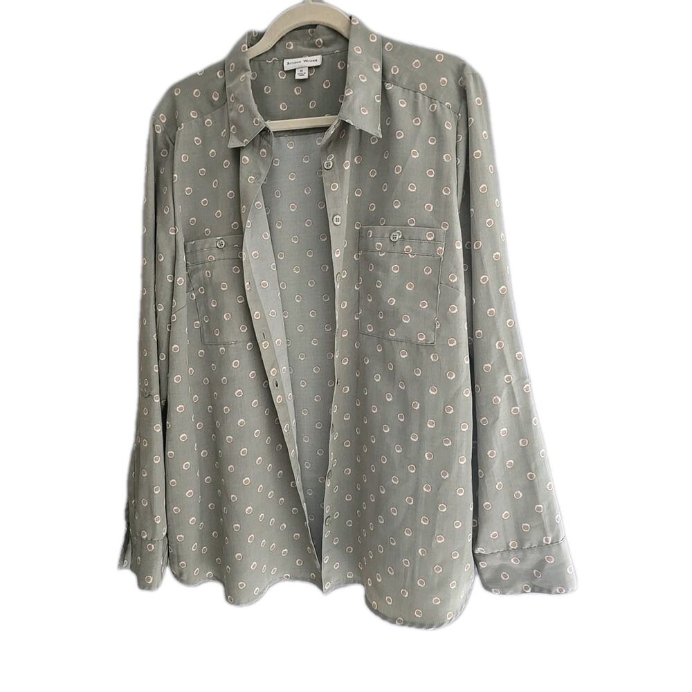 Studio Works Green Spotted Pockets Long Sleeve Button Down Shirt Womans Size XL